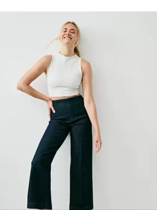 SPANX Denim - SPANX Indigo Pull On Cropped Wide Leg Jeans Elastic Waistband Top. Size S NWOT